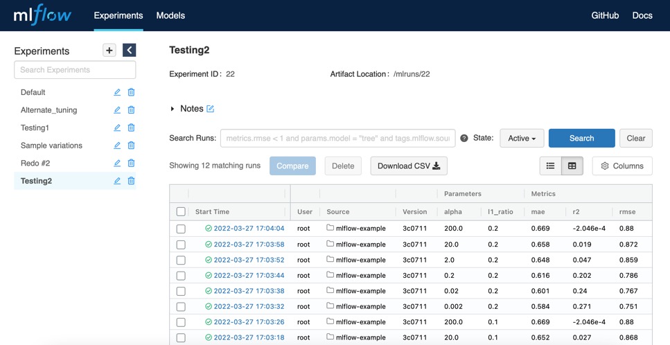 MLflow screenshot - graphical website