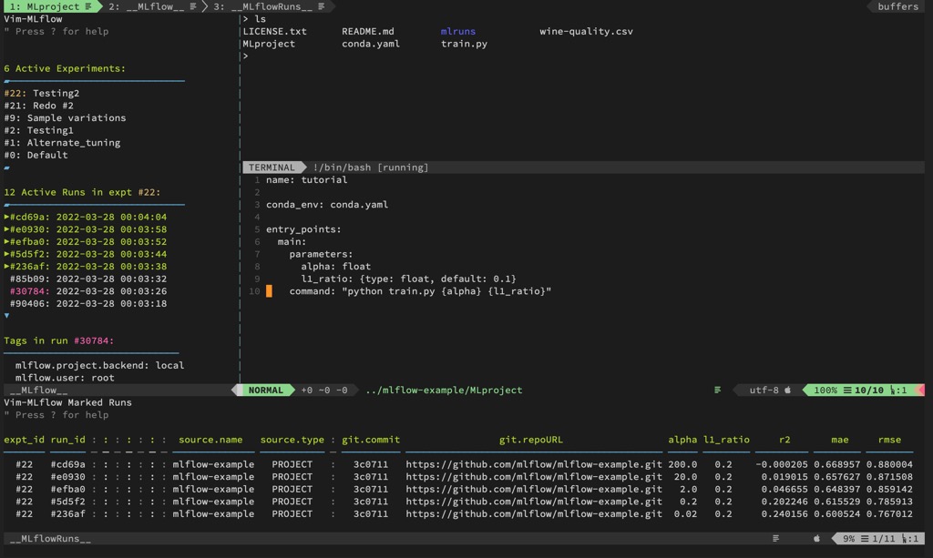 Vim-mlflow screenshot - character-based within Vim